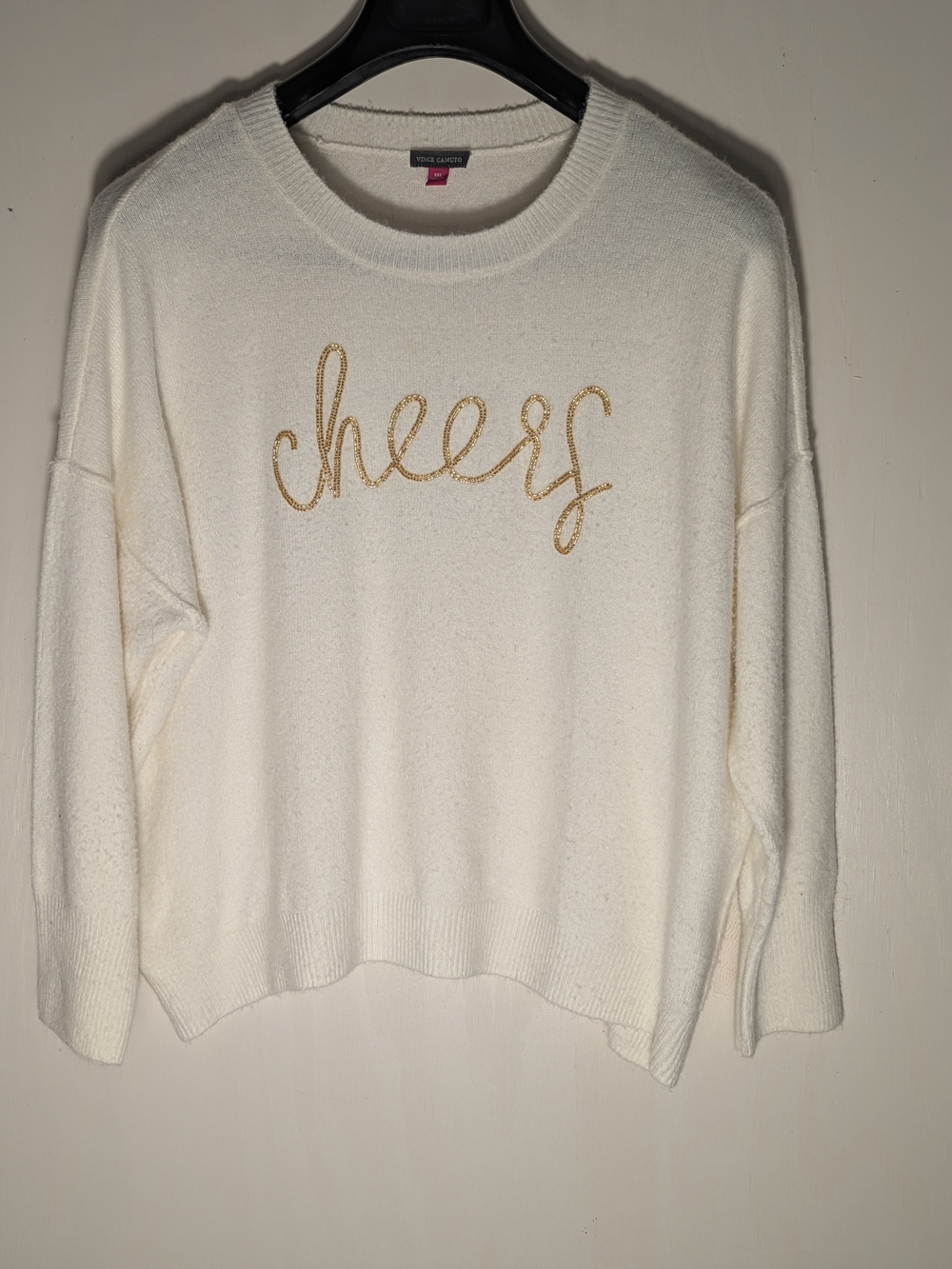 Cozy 'Cheers' Crewneck Sweater - White with Gold Script